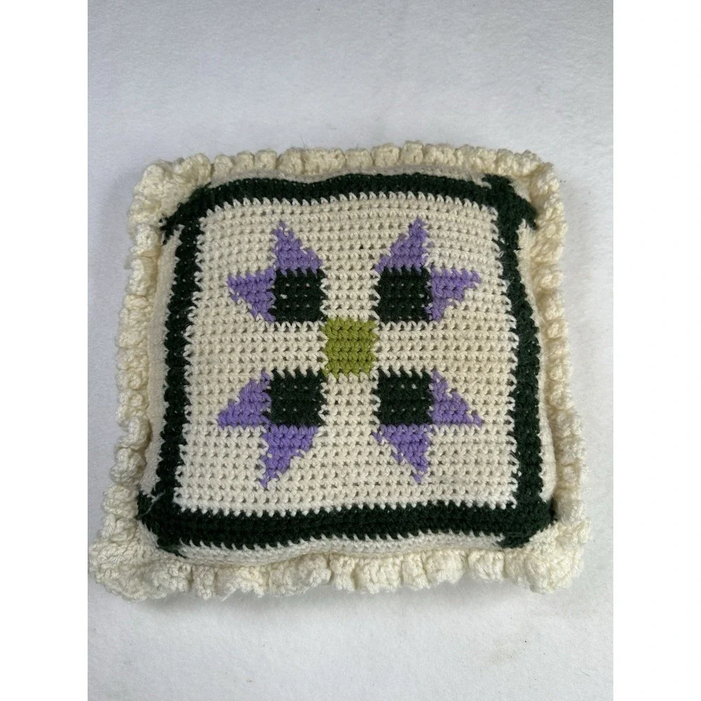 Vintage Crochet Square Pillow Cream Purple Green Decorative‎ Cottage Granny